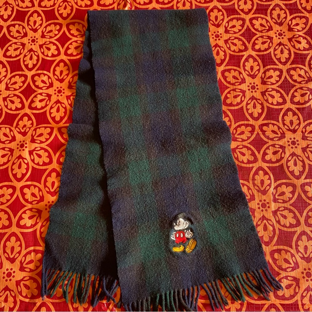 Vintage 80s The Disney Store Mickey Mouse Winter Plaid Wool Scarf Made In USA